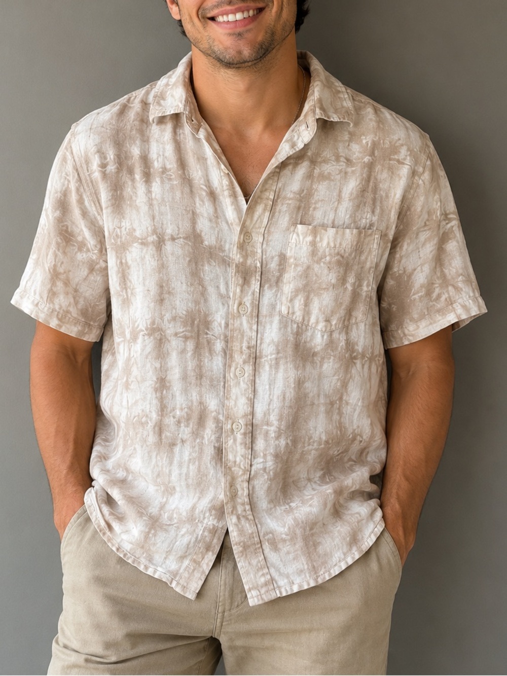 H&M Relaxed Fit Linen Blend Tie Dye Button Up Shirt Medium